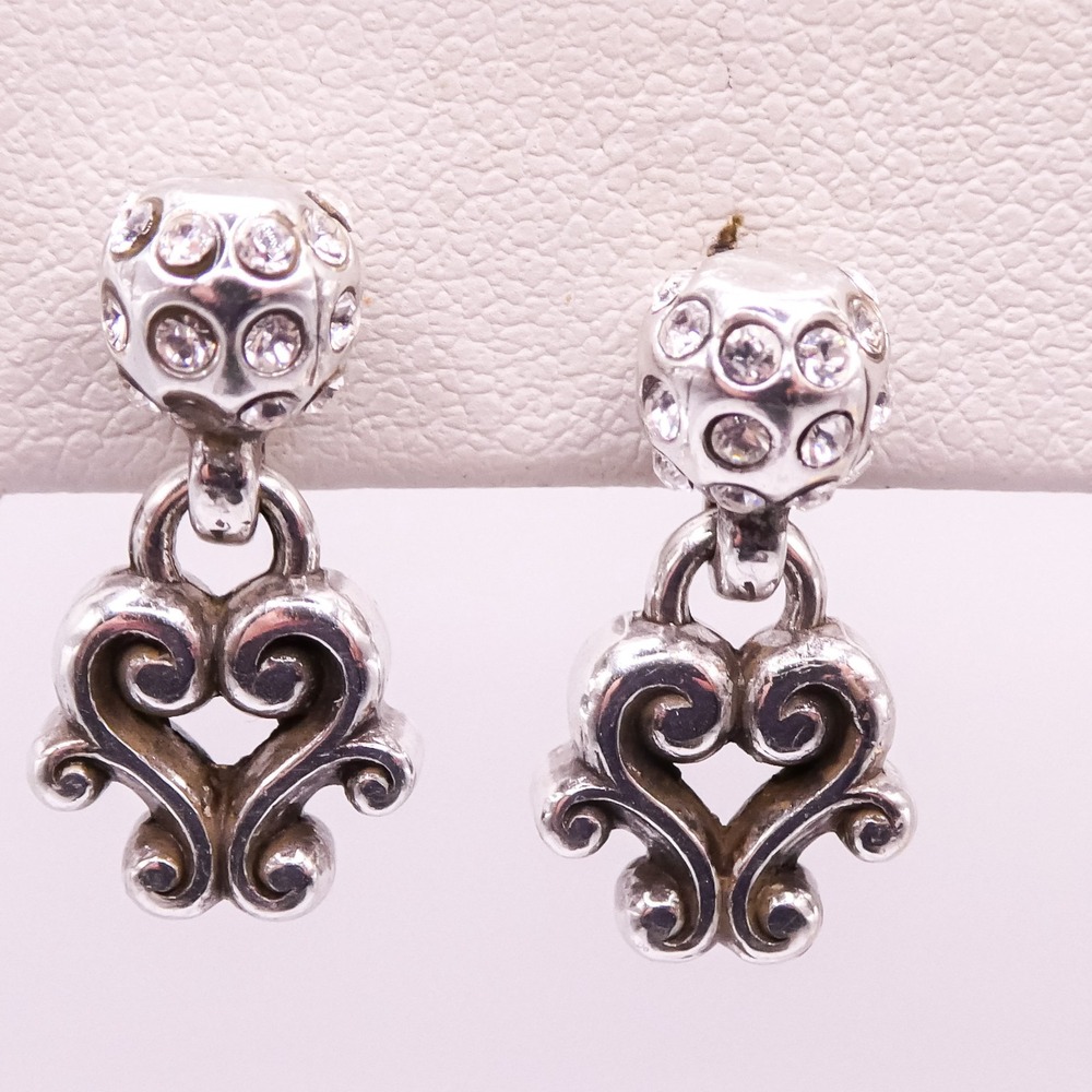Brighton Heart Rhinestone Drop Post .75" Womens Silver Plated Pierced Earrings
